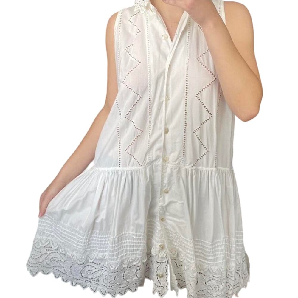 1990s Lone ranger White Cotton Eyelet Lace Button Dress Medium